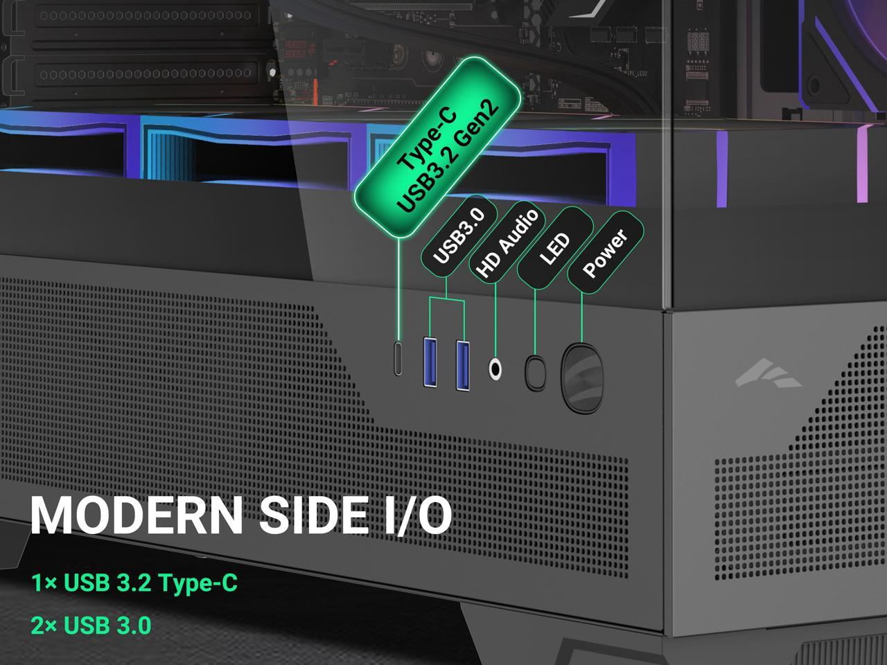 SAMA V43 Mid-Tower PC Case, 6 x 120mm PWM ARGB Fans, 4mm Tempered Glass, USB3.1 Type-C + USB 3.0 Ports, 7 Slots, Pre-Installed PWM+ARGB HUB, Supports ATX/M-ATX/ITX, Black