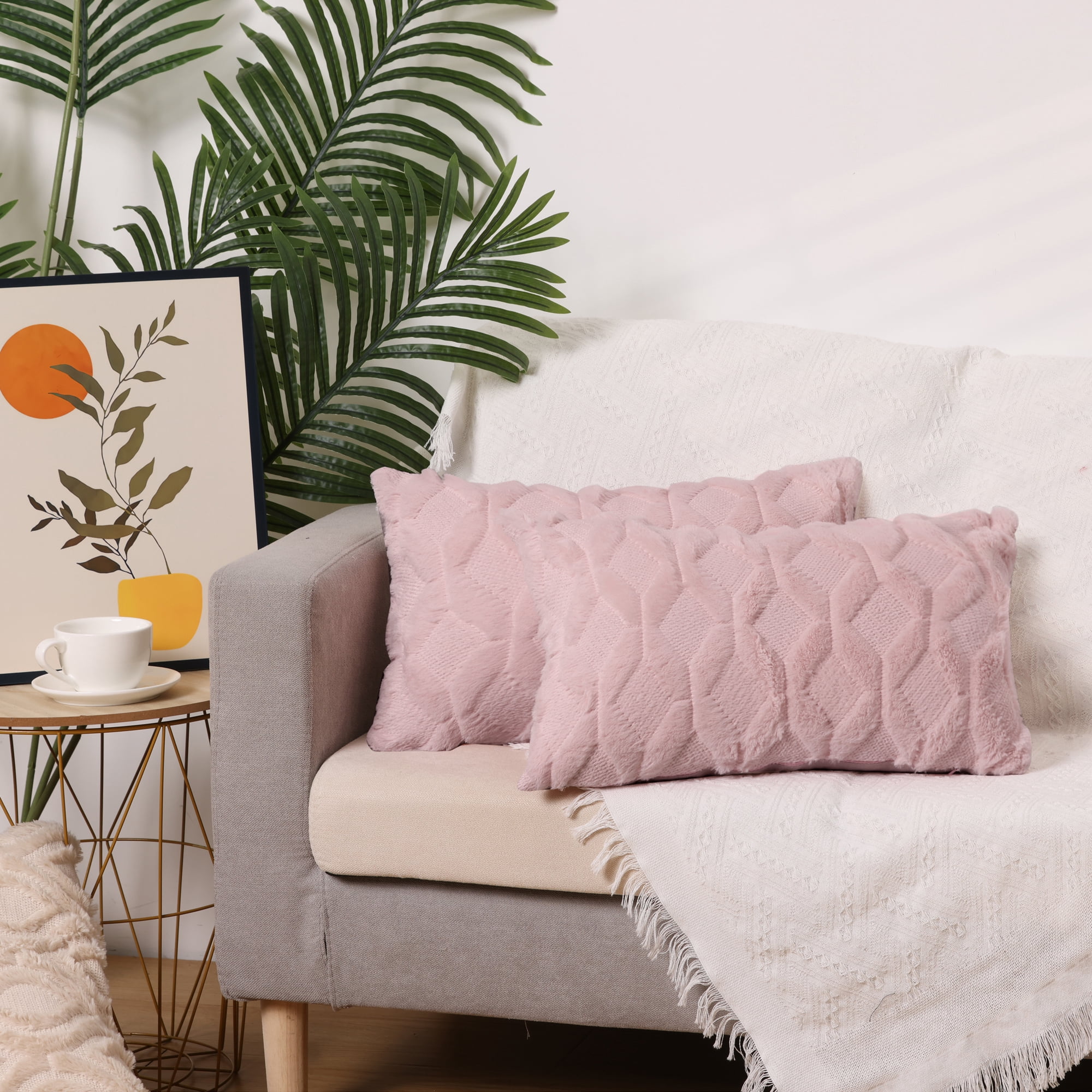 Unique Bargains Short Plush Solid Living Room Decorative Pillow Covers (2 Count) Pink 12" x 20"