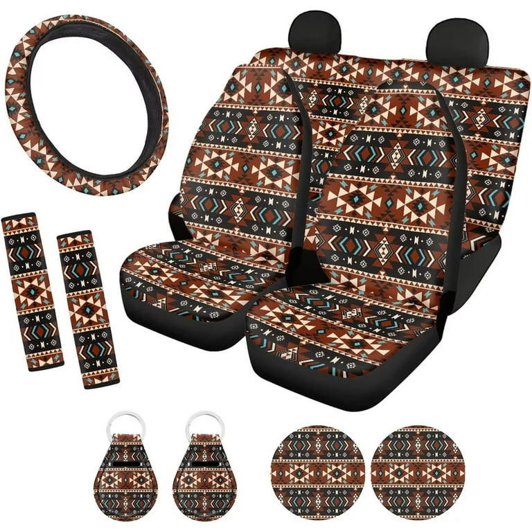 Pzuqiu Southwest Aztec Car Seat Covers for Women Tribal Ethnic Navajo Car  Accessories Full Set with Steering Wheel Cover Front and Rear Bench  Protectors,Seat Belt Pad,Cup Holder,Keychain 