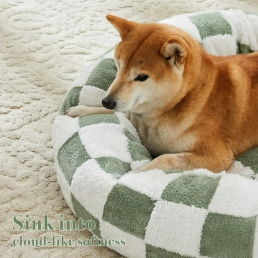 Checkered Cat Dog Bed, Cute Sage Green Retro Style Aesthetic Round Warming Pet Calming Beds for Small Dog and Cats, Plush Cozy Donut Beds Washable, 23" L x 23" W x 8" Th