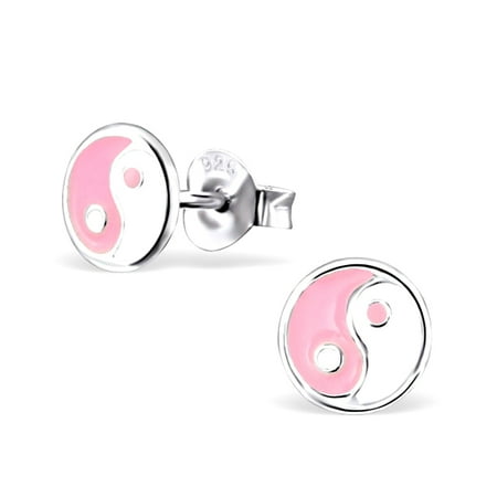 - Childrens Pink & White Yin & Yang Design Sterling Silver Stud Post Earrings