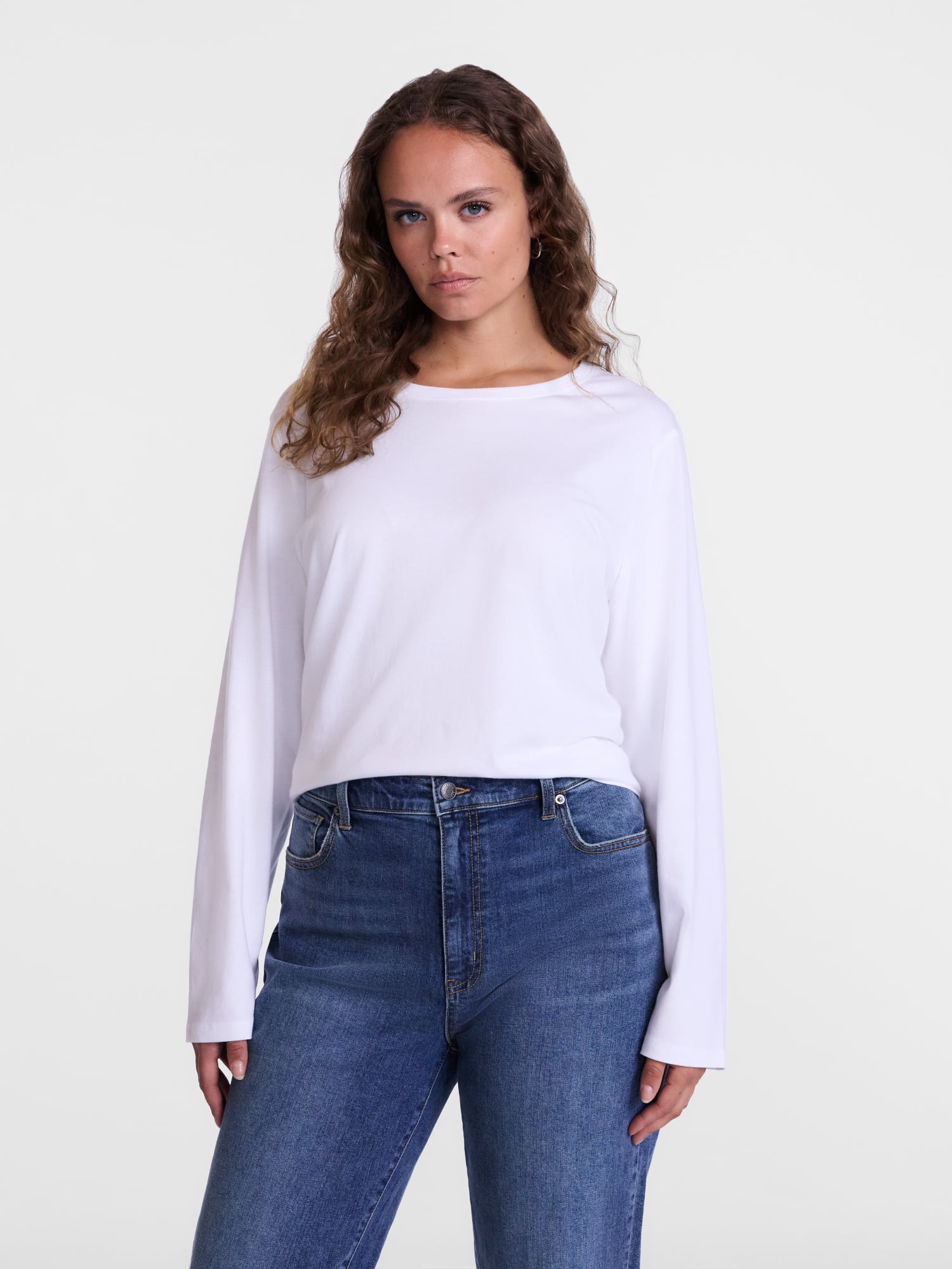 Scenario Women's Cotton Crewneck Tee with Long Sleeves, Sizes XS-XXXL