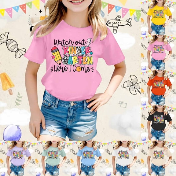 SOFTCCLO Girls Tshirts Short Sleeve Crewneck Graphic Tees School Season Fun Cartoon Print Stylish Casual Cute Kids T Shirts Size 3-4Y