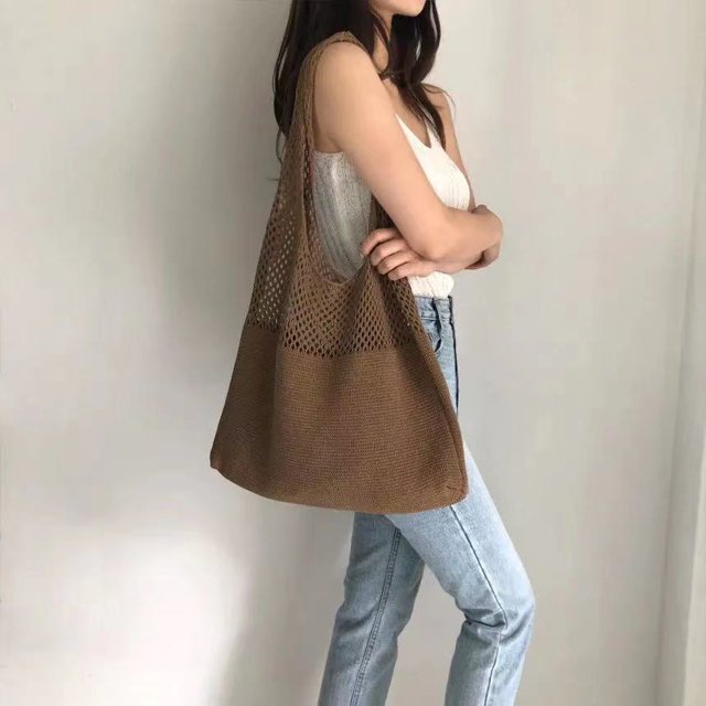 Bolso de punto hueco retro simple Bolso de mano Bolso de suéter Bolso versátil Chica, marrón oscuro LingWen 8390606740519
