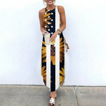 

Hvyesh Womens Sundresses 2023 Summer Boho Maxi Dress USA Flag Print Crewneck Side Split Dresses Spaghetti Strap Sleeveless Breezy Vacation Dress Orange