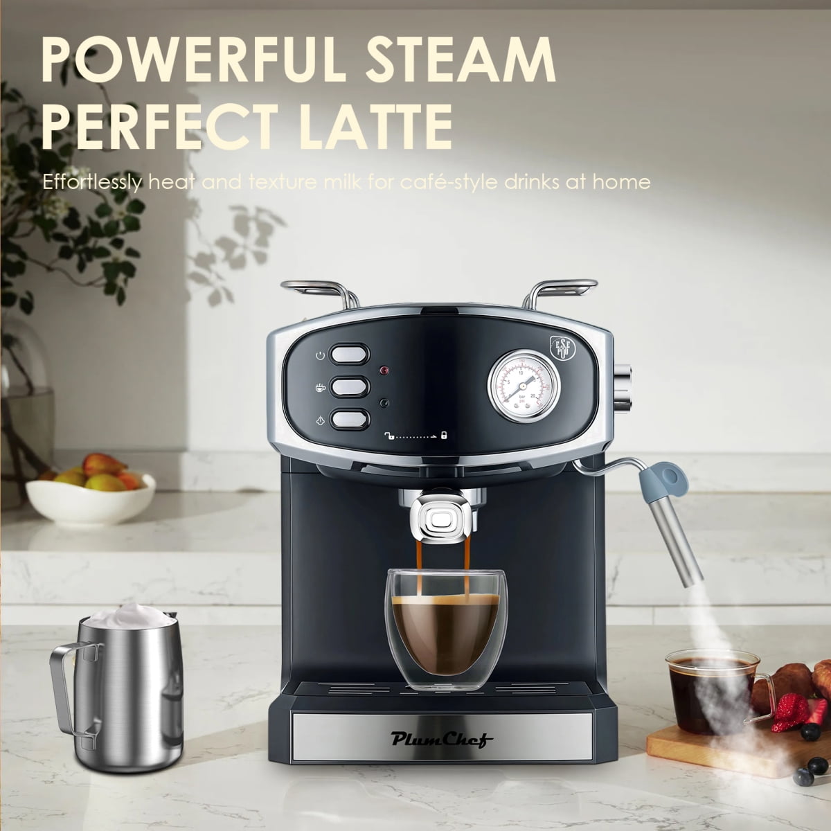 Plum Chef 20 Bar Compact Espresso Machine with Steam Wand, 54oz Water Tank, Low Noise Home Coffee Maker Black