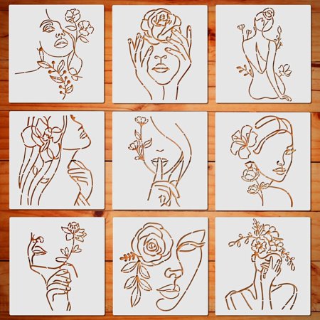 9PCS 11.8x11.8inch Modern Minimalist Abstract Women Stencil Floral Female Face Pattern PET Large Stencils Reusable Template for Painting on Wood Wall Canvas