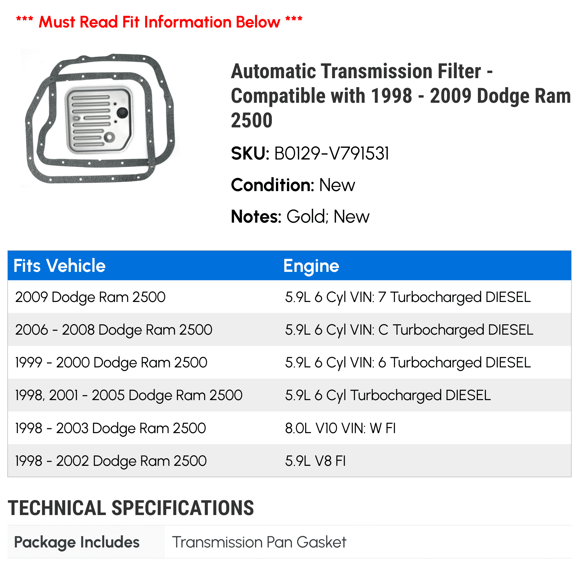 Automatic Transmission Filter - Compatible with 1998 - 2009 Dodge Ram 2500 1999 2000 2001 2002 2003 2004 2005 2006 2007 2008