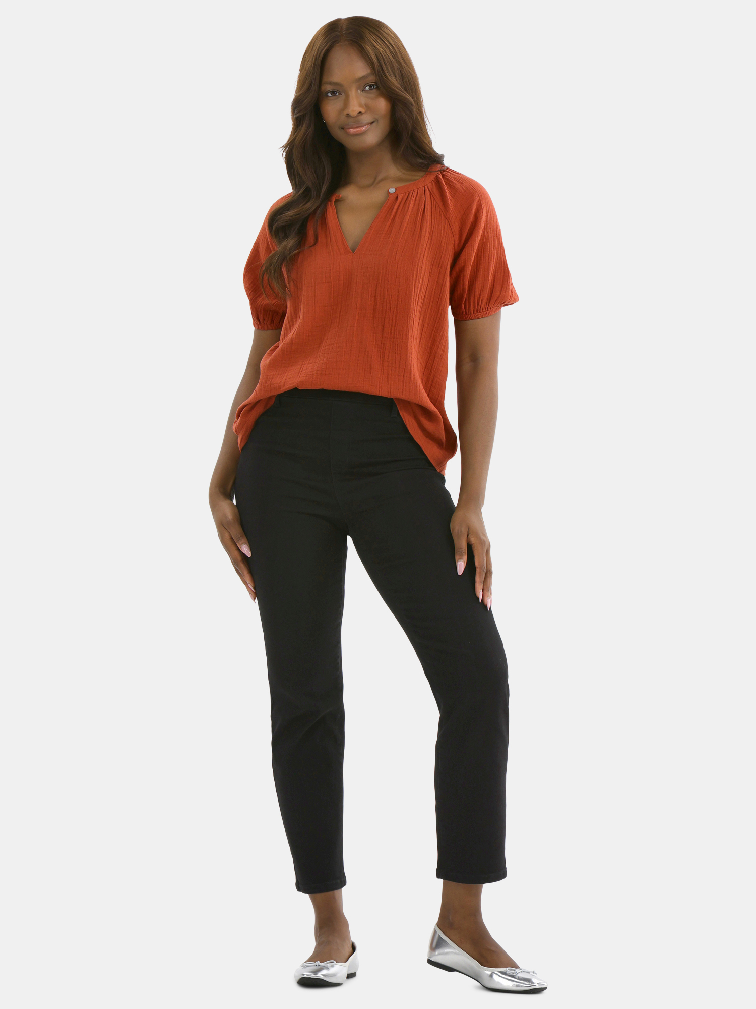 Time and Tru Double Cloth Cotton Top with Short Sleeves, Relaxed