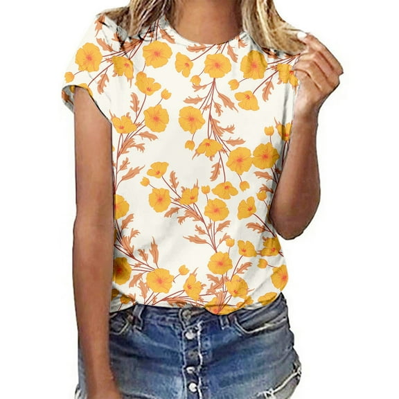 Floral Print Round Neck Short Sleeve T Shirt For Women Spring Summer Casual Top