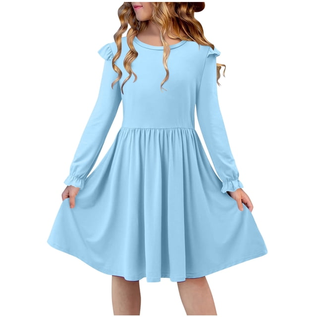 Robe Extensible à Manches Longues pour Filles, Robe Patineuse Évasée avec Encolure Ronde et Manches Bouffantes, Robe pour Récital Scolaire et Fête