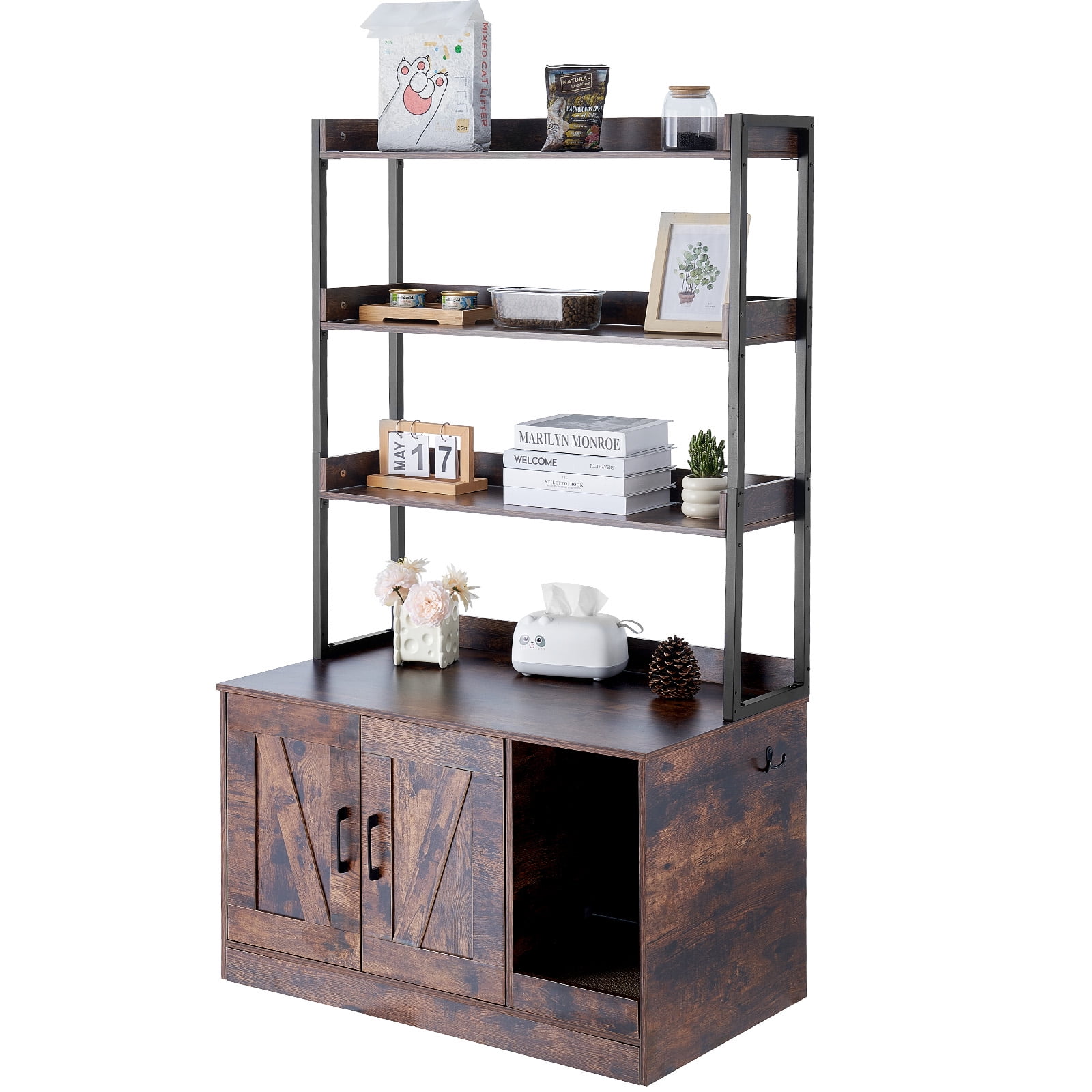 KFFKFF Litter Box Cabinet, Concealed Cat Toilet with Triple Storage, Wood Pet Bathroom for Indoors, Spacious Kitty Enclosure, 33.5"L x 19.3"W x 58.7"H, in Dark Brown
