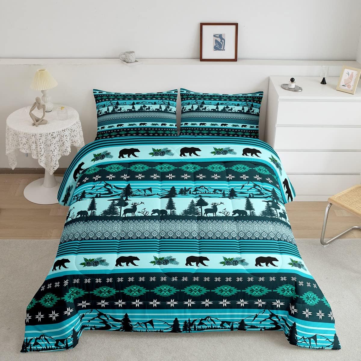 Teal Jungle Comforter Set Elk Deer Bedding Set,Wild Bear Duvet Insert