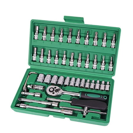 

46 Pcs 1/4 Inch Drive Impacts Socket Wrench Tool Set With Drill Adapter And Case Hand Tool Green