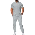 thumbnail image 2 of Men 2 Piece Casual Beach Outfits Short Sleeve Button Down Shirts Summer Loose Pant Sets Vacation Walking Outfits Gray XL, 2 of 6