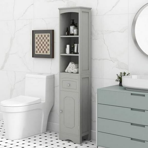 UBesGoo Modern Bathroom Storage Linen Tower with Door, Drawer and Adjustable Shelves, Gray