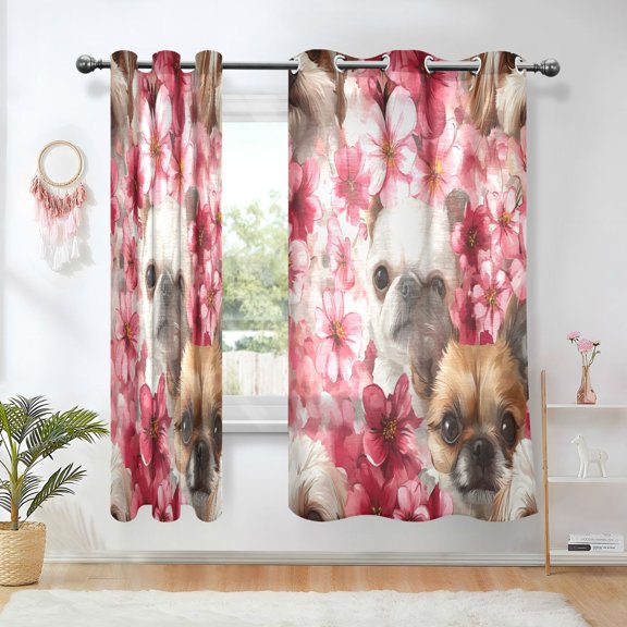 Yayeee Window Curtains Light Filtering 63"x42" Grommet Panel Pair Home Living Room Decor, Shihtzu Dog Pink Flower Pattern