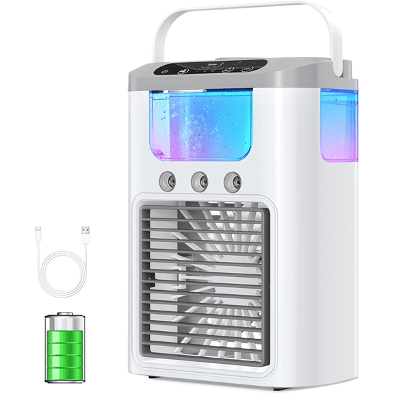Portable Air Conditioner,Tabletop Evaporative Fan, 7-Color LED Light, Quiet Mini Air Cooler Humidifier for Home, Office,1 x Spray Fan 1 x Power Cord,White