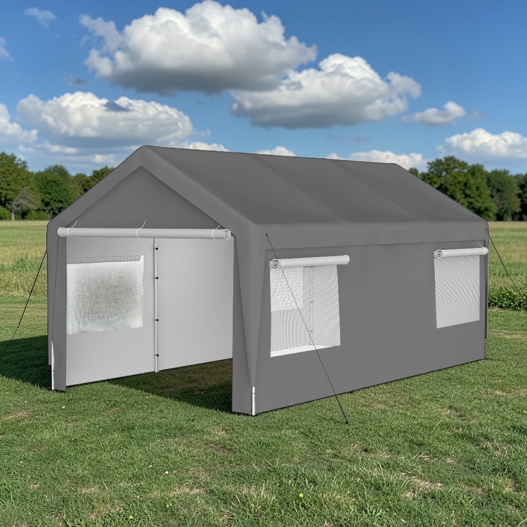 GZXS 10ft x 20ft Heavy Duty Canopy Tent with Roll-up Ventilated Windows, Garage Carport with Steel Frame, Removable Sidewall & Door, Gray