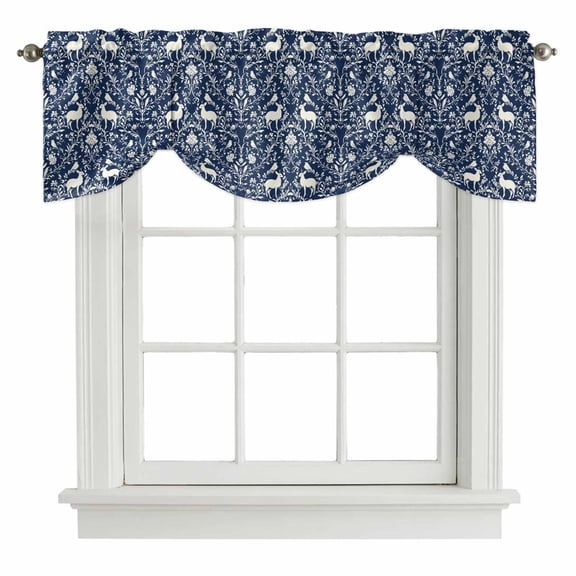 Navy Blue Boho Elk Tie Up Valance Curtains for Windows, Kitchen Curtains Window Shades, Middle Century Vintage Botanical Light Filtering Roman Curtain Valances for Bedroom/Bathroom/Cafe 54"x18"