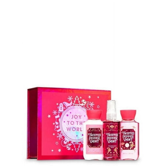 Bath and Body Works TWISTED PEPPERMINT Mini Gift Box Set Set 3-pc Travel Size arranged in an gift box with a ribbon