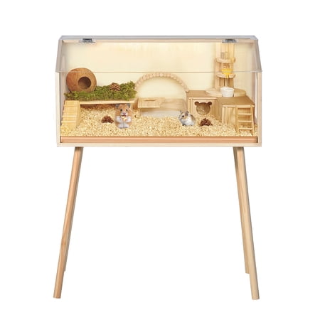 QinaQin Anti-Chew Wooden Hamster Cage with Legs, Large Guinea Pig Cage with Acrylic Viewing Window and Openable Top Cover, Also Suitable for Chinchillas, Gerbils and Small Pets