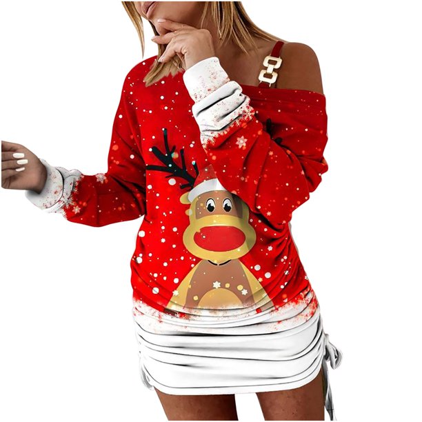 Vestidos de Navidad Para Mujer Casual Manga Larga Estampado Hombro Frío Cordón Vestidos de Manga Larga Odeerbi ODB197519