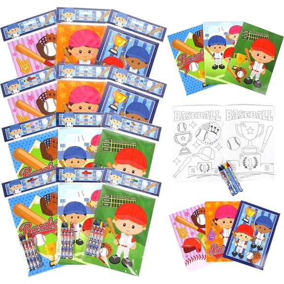 Tinymills Baseball Coloring Book Set with 12 Books and 48 Crayons for Kids