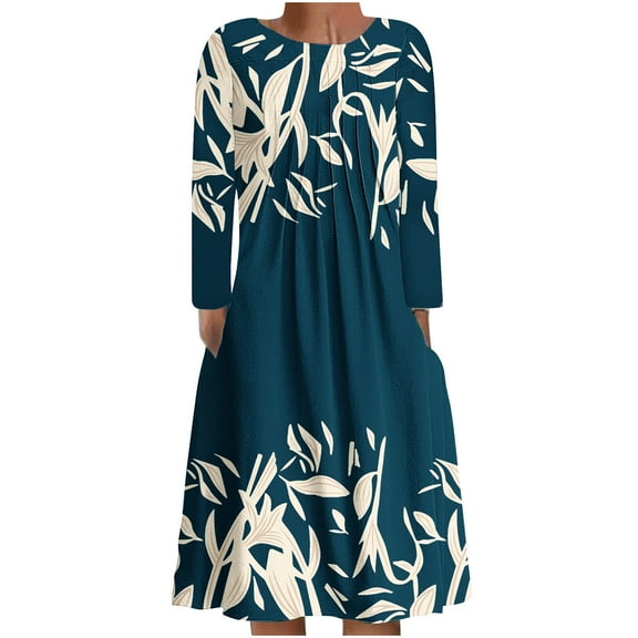 WXLWZYWL Winter Dresses for Women Women'S Casual Round Neck Long Sleeve Folding Floral Printed Dresses Navy