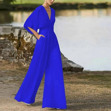 Elegant Half Sleeve V-Neck Women Jumpsuit 2025 New Waist Super Long Wide Leg Jumpsuit Lady Casual Loose Pocket Bodysuit