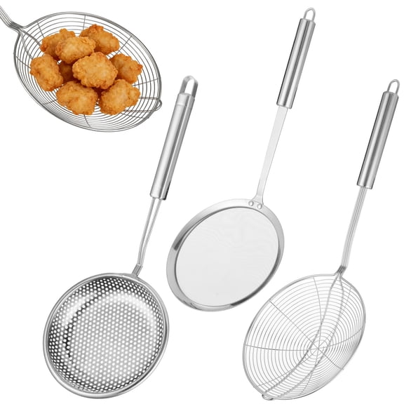 3 Pcs Stainless Steel Strainer Set, Including Spider Strainer, Fryer Scoop, Fine Mesh Skimmer Spoon, Long-lasting & Rust-Resistant, Kitchen Utensil for Frying, Cooking, Draining