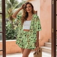 thumbnail image 3 of FKEKYI Musical Note Green Print Womens 2 Pcs Short Set Open Front Shirt Top Summer Outfits Shorts with Elastic Waist Beachwear Breathable Lounge Set Resort Wear, L, 3 of 7