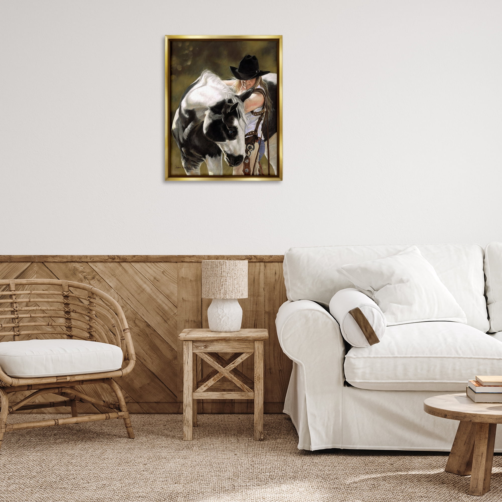 Stupell Industries Cowgirl & Spotted Horse Animals & Insects Painting Gold Floater Framed Canvas Art Print Wall Art, 25 x 31