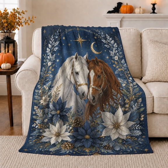 White and Chestnut Horses beneath Crescent Moon and Stars, Dreamy Celestial Equestrian Style for Horse Lovers, Warm Flannel Blanket for Bedroom and Ranch House, Christmas Gift, Home Decor