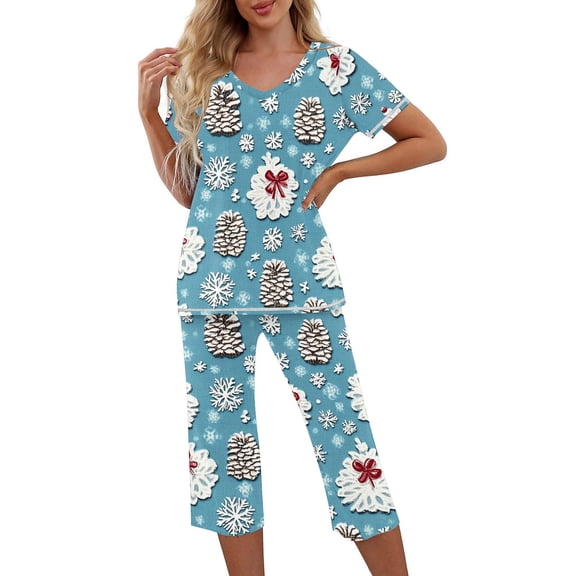 asdoklhq Pajamas for Women Set Woman Christmas Print Round Neck Button Short Sleeve Top and Elastic Waist Pockets Pant Pajama Sets Light Blue XL