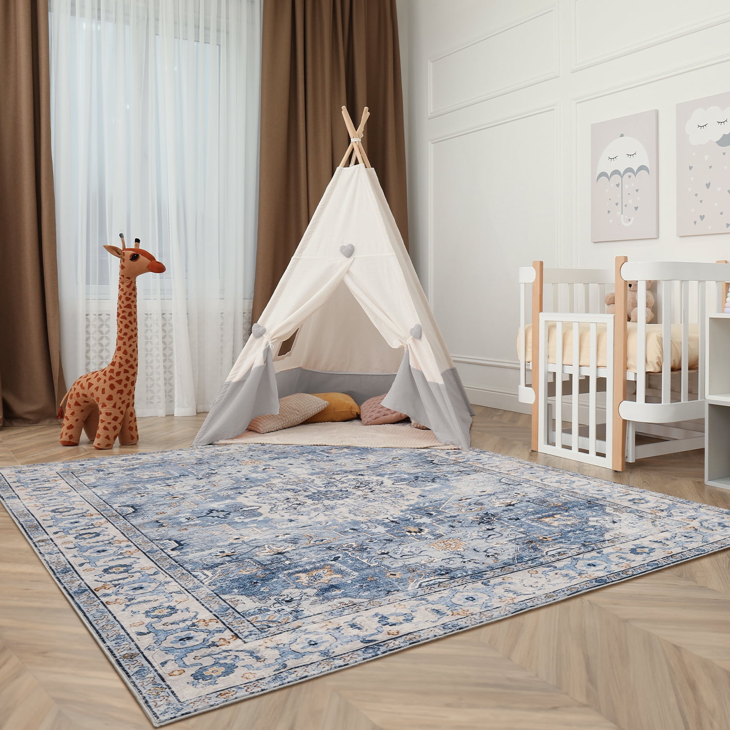 VUNATE 9'x12' Area Rugs for Living Room Washable Rugs Floral Vintage Area Rug Boho Indoor Carpet Soft Rugs for Bedroom Office Dining Room Kitchen Accent Rug Contemporary Home Decor Blue