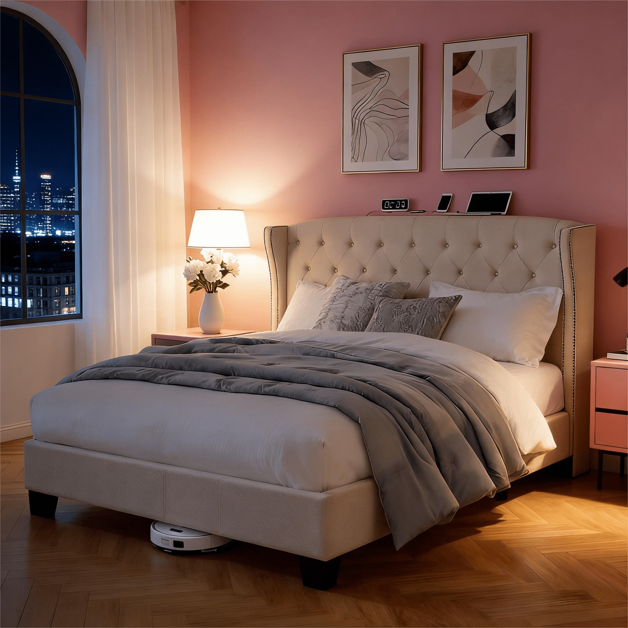 Gewnee Queen Size Upholstered Wingback Bed Frame with Adjustable Headboard
