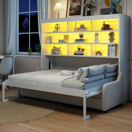 Harper & Bright Designs Queen Size Murphy Bed with Folding Sofa, Wooden Queen Cabinet Bed Wall Bed with Storage Shelves and LED Light, Folding Wall Chest Bed for Guest Room, Beige