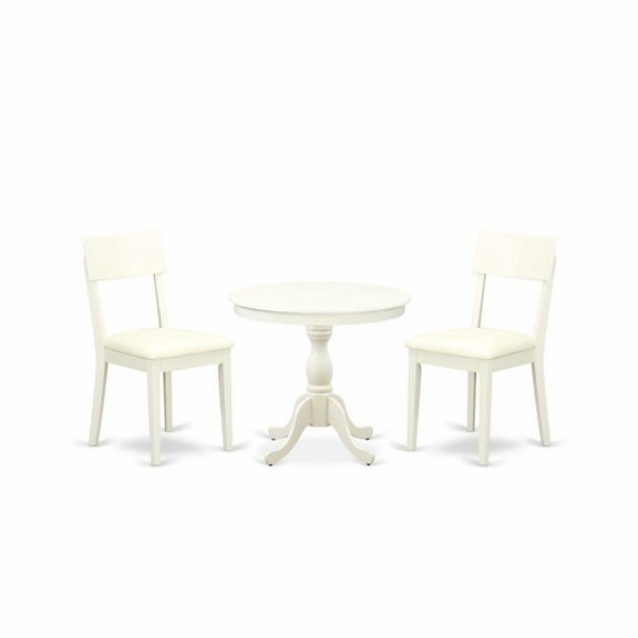 East West Furniture Antique 3-piece Dining Set with Leather Seat in Linen White