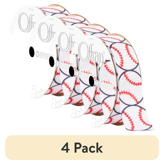 (4 pack) Offray Ribbon, Black White Red 7/8 inch Baseball Grosgrain Ribbon, 9 feet