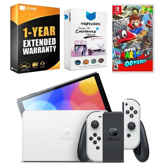 Nintendo Switch White OLED Console with Super Mario Odyssey, MightySkins Console and Controller Skin Voucher, and 1 Year CPS Extended Warranty