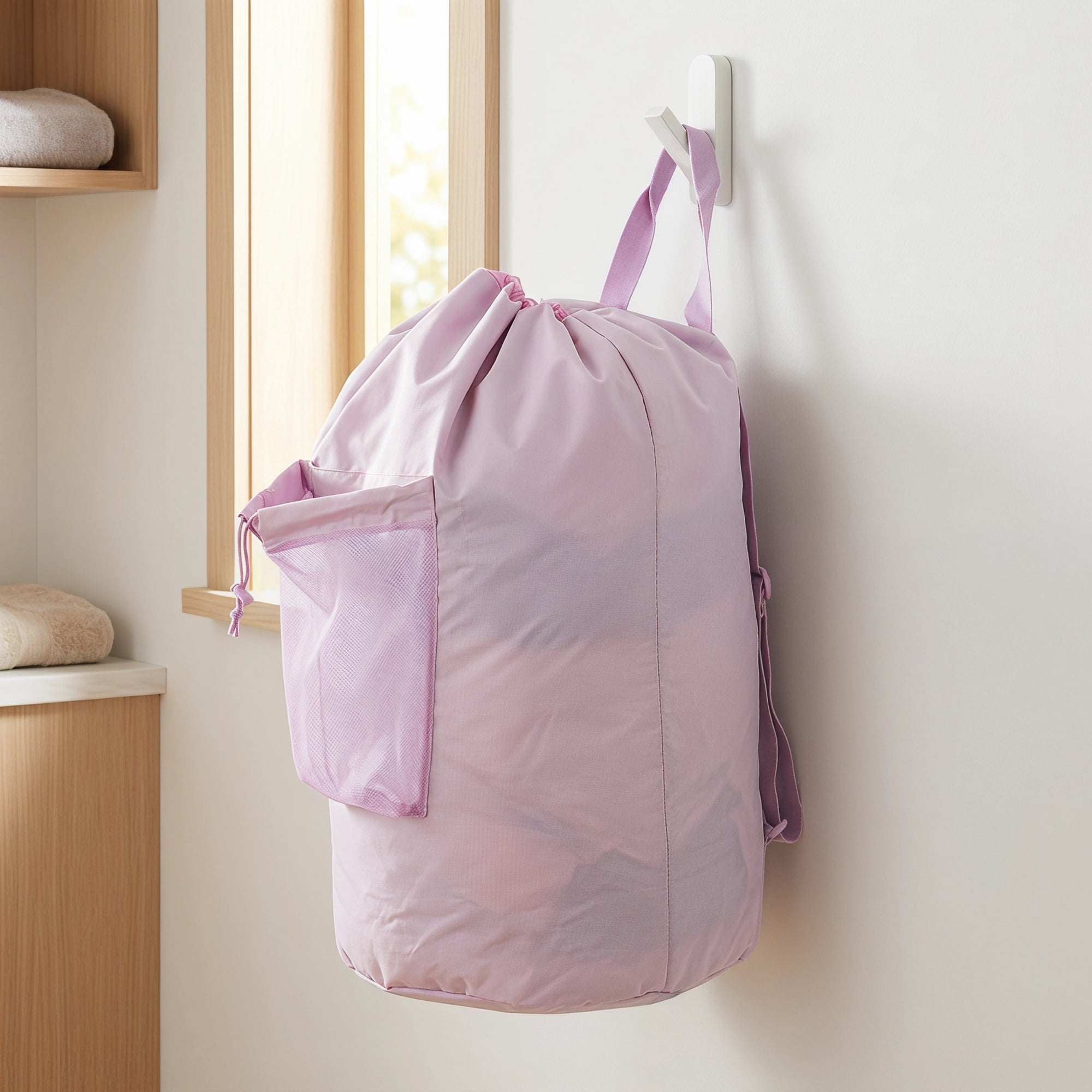 Unique Bargains Polyester Laundry Backpack with Wet Pocket Laundry Bag Pink