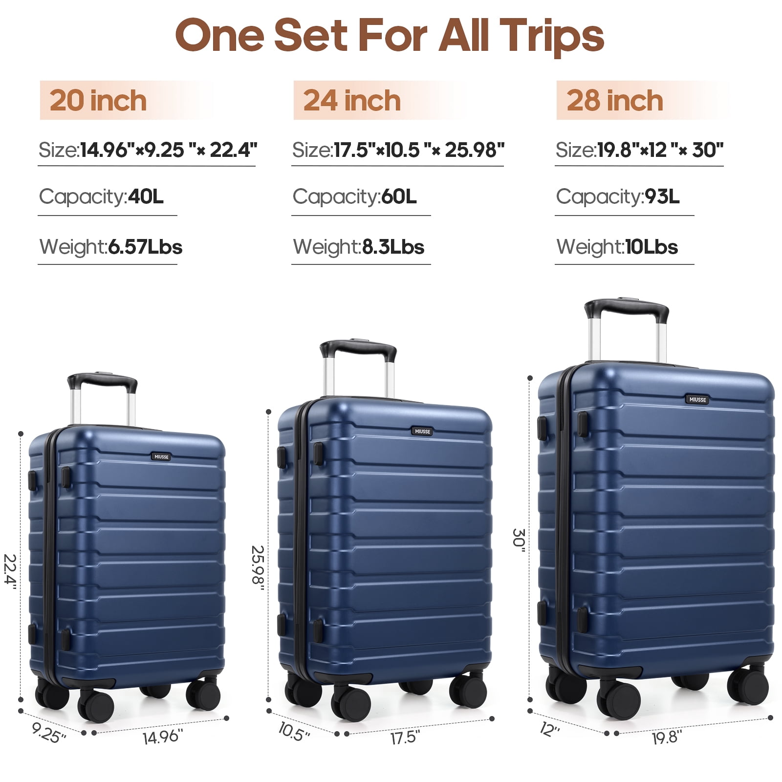 MIUSSE Hardshell Luggage Sets 3 Pieces, Hardside Lightweight Suitcase with Spinner Wheels and TSA Lock, Blue Luggage Set 20in24in28in