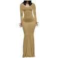 thumbnail image 1 of Mrat Robe en Denim pour Femmes Femme Décontractée Fesses Robe de Princesse Robe de Mariage Robe Cottagecore Col Rond Amincissante Froncée Plage Fendue Robe à Manches Longues Kaki 2TG, 1 of 7