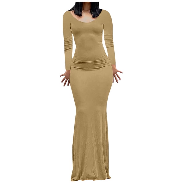 Mrat Robe en Denim pour Femmes Femme Décontractée Fesses Robe de Princesse Robe de Mariage Robe Cottagecore Col Rond Amincissante Froncée Plage Fendue Robe à Manches Longues Kaki 2TG