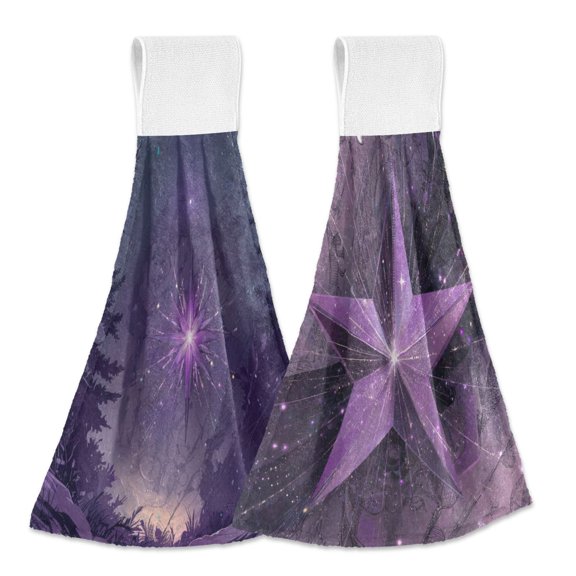 IAUYY Kitchen Hanging Towels Set of 2 100% Polyester Absorbent, Super Soft Hand Towels with Hanging Loops for Bathroom Kitchen Soft Pastel and Deep Purple Shining Lines
