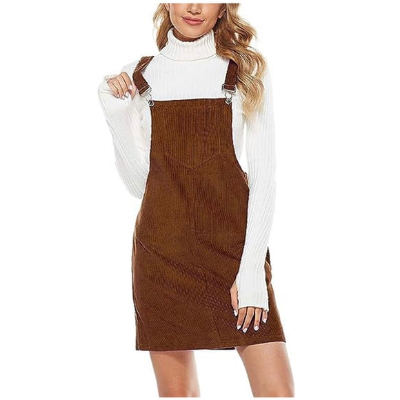 Staron Women's Dress Corduroy Overall Dress A Line Above Knee Adjustable Strap Overall Dress Vacation Sleeveless Pinafore Mini Skirt Brown S