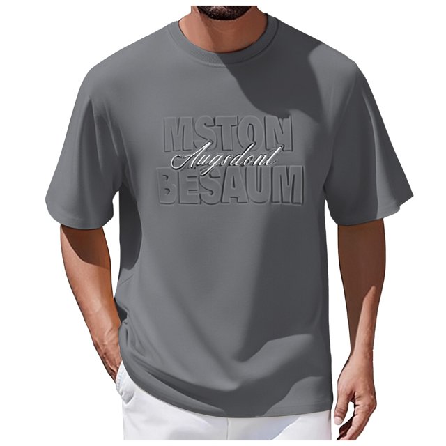 T Shirt Men European Solid Color Letter Steel Stamp Raised Design Round Neck Short Sleeved Tee Shirts Men Grey XXXL