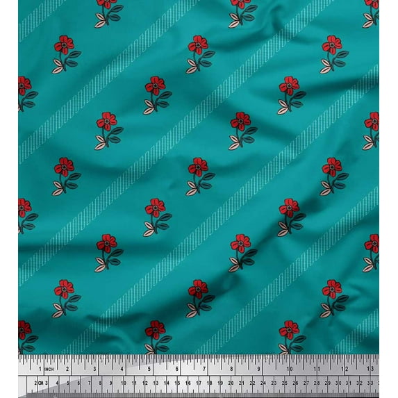 Soimoi Poly Georgette Fabric Diagonal Stripe,Leaves & Floral Artistic Printed Craft Fabric by the Yard 42 Inch Wide