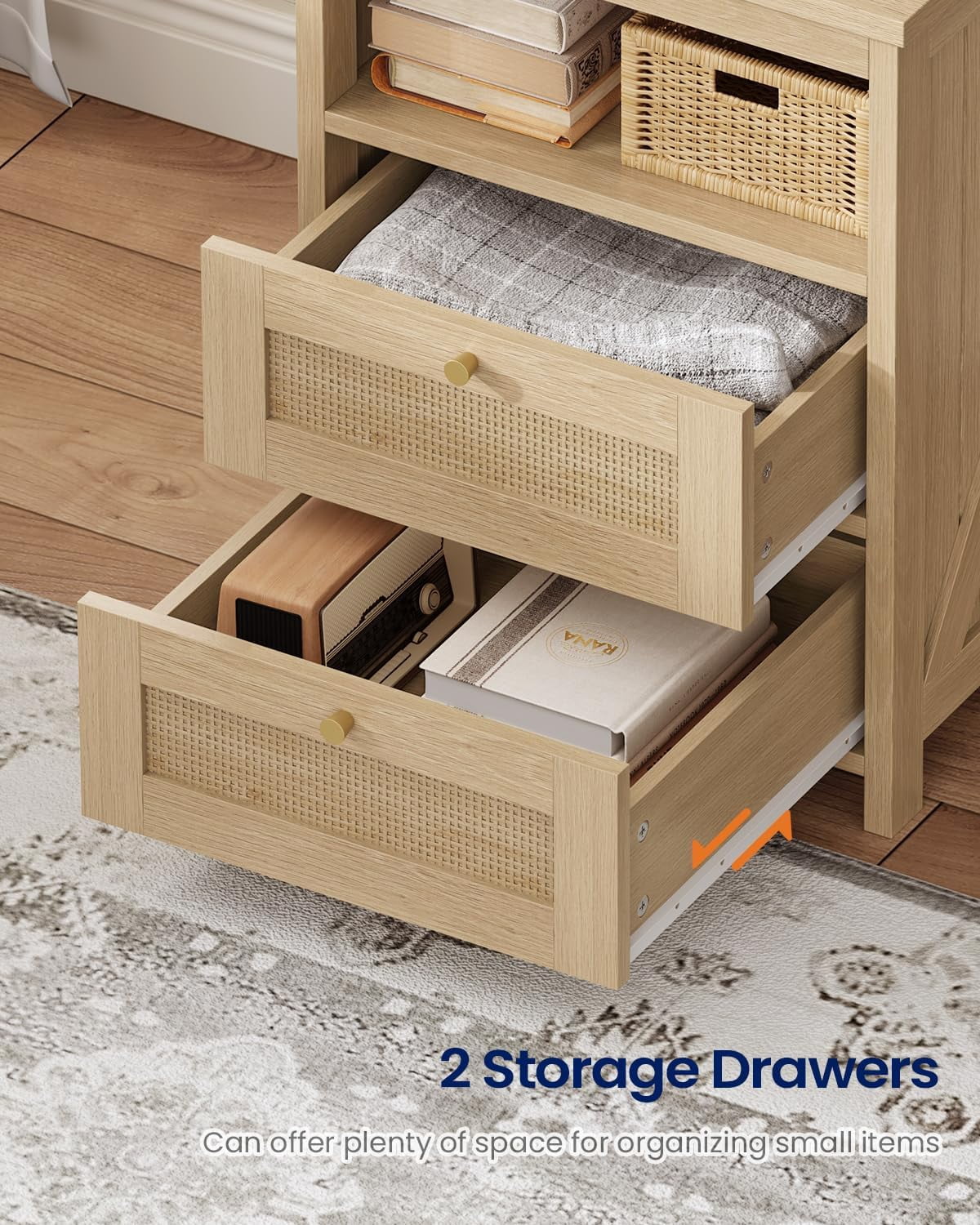 Boho 51.6'' Tall Rattan Nightstand with Charging Station and LED Lights, Bed Side Table with 2 Drawers and Bookshelf & 6 Hooks, Easy to Assembly, Wood